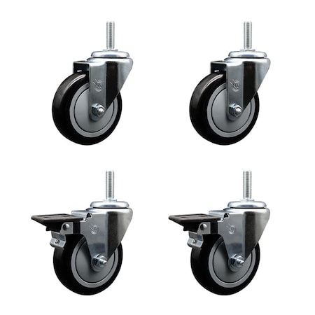 Service Caster 4 Inch Black Polyurethane Wheel Swivel 34 Inch Threaded Stem Caster Set 2 Brakes SCC SCC-TS20S414-PPUB-BLK-34212-2-PLB-2